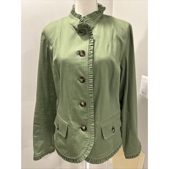Anthracite By Muse Blazer Jacket size 14 Button Green Vintage Ruffle Trim - Picture 1 of 6